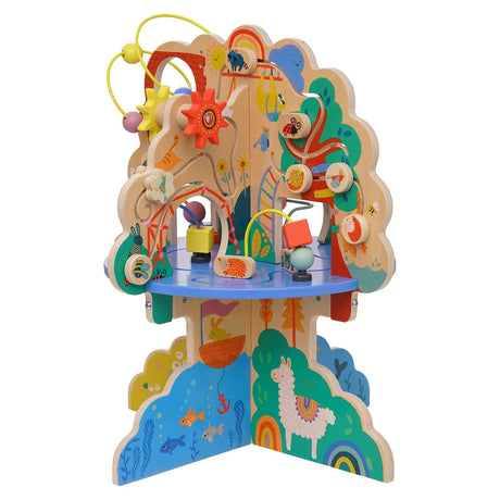 Montessori-inspired wooden activity gym with bead tracks, gliders, and a bouncing dinosaur rider. Safe for toddlers 1-3 years to develop motor skills indoors.