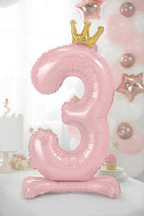 Standing Foil Number Balloon - Light Pink with Gold Crown | 33 Inches