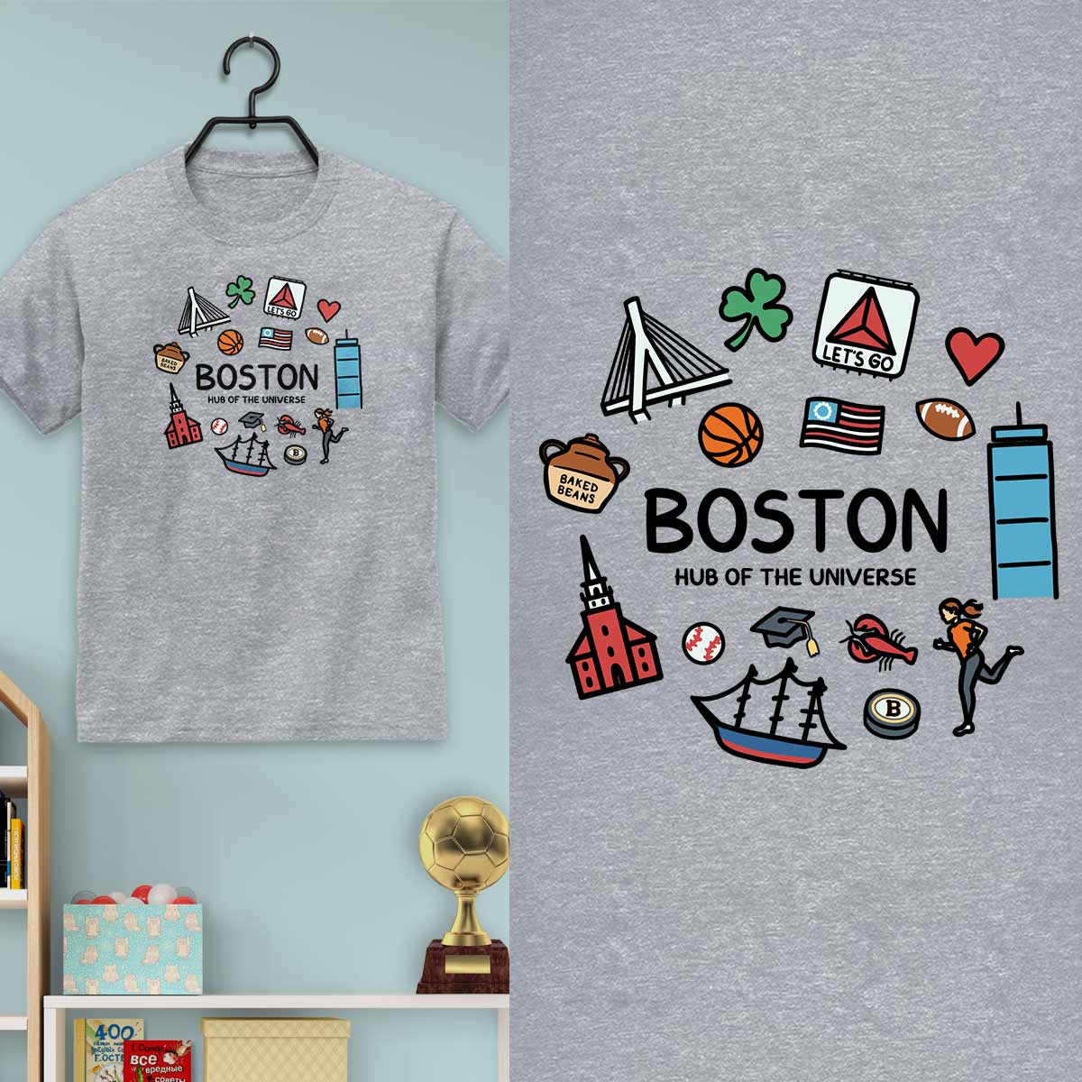 Boston Doodles Icons Massachusetts Youth Unisex T-Shirt
