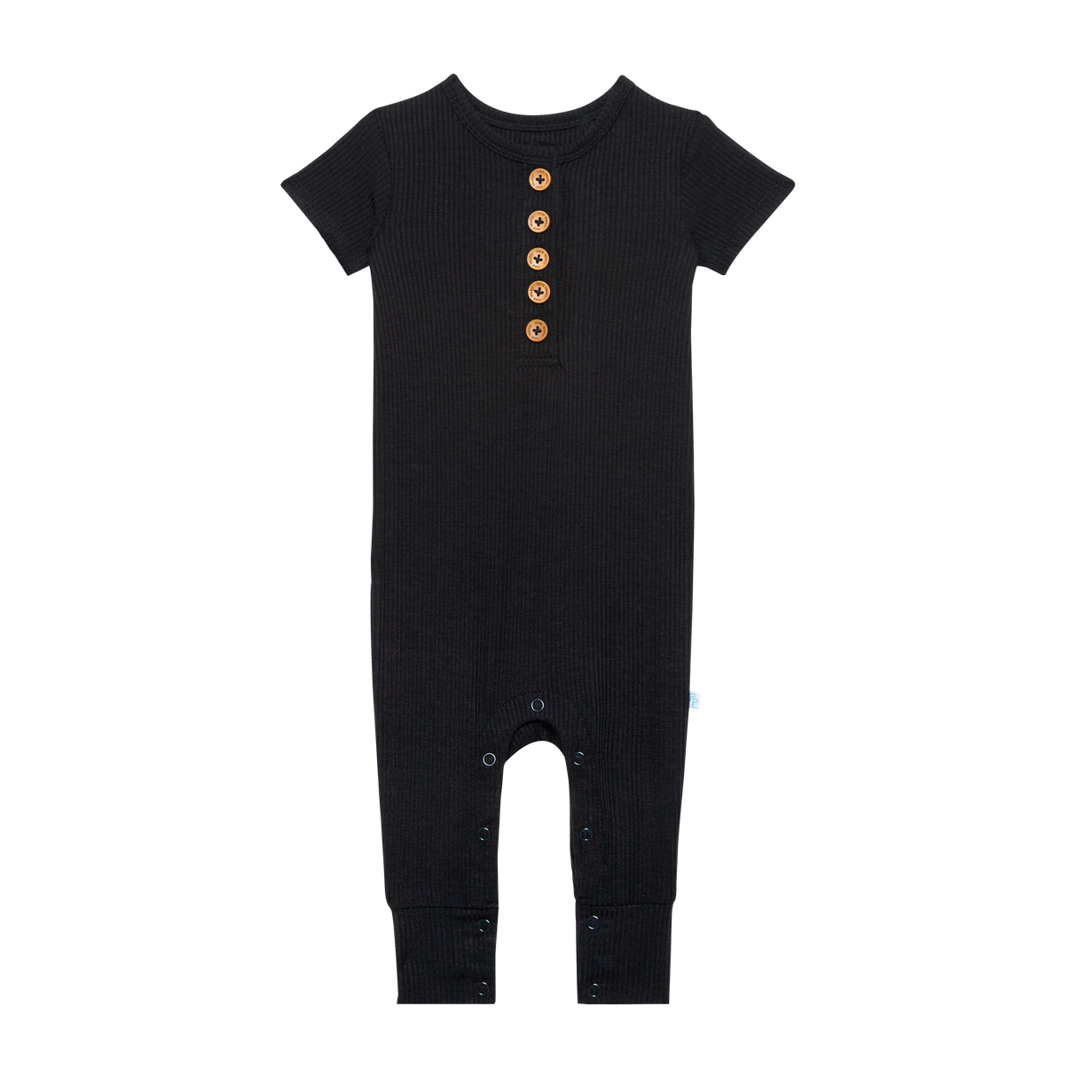 Solid Ribbed - Black - Short Sleeve Henley Romper