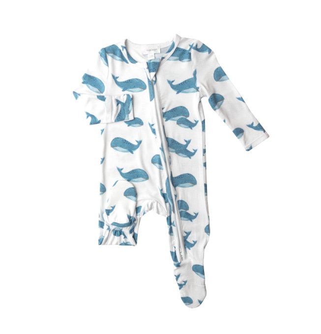 2-Way Ruffle Blue Whales Zipper Footie - Tadpole