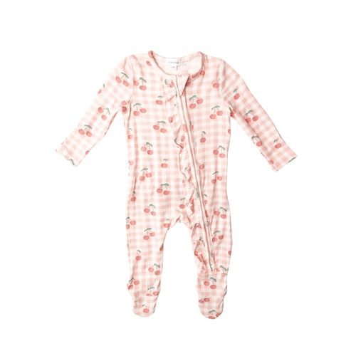 2-Way Ruffle Cherry Gingham Zipper Footie - Tadpole