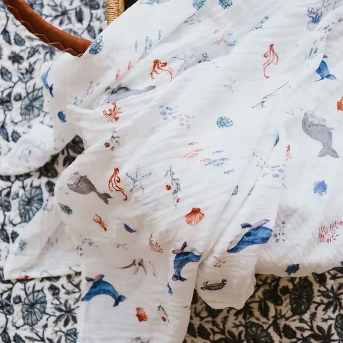 Wild Life Swaddles, Certified Organic Cotton Muslin, Single  Under The Sea