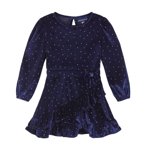 Girls Navy Velvet Faux Wrap Dress - Tadpole