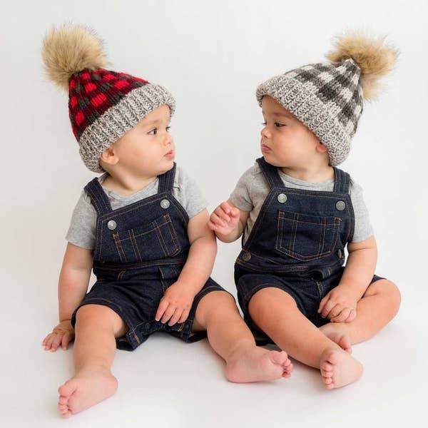 Huggalugs Grey Buffalo Check Pom Pom Beanie Hat - Tadpole