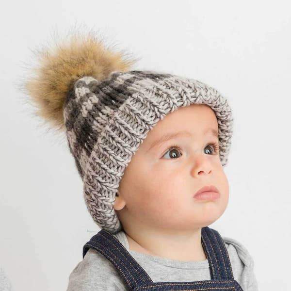 Huggalugs Grey Buffalo Check Pom Pom Beanie Hat - Tadpole
