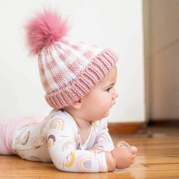 Huggalugs Rosy Pink Buffalo Check Pom Pom Beanie Hat - Tadpole