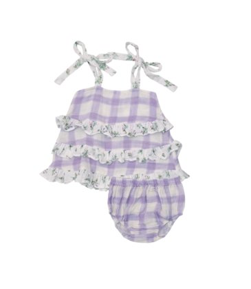 LAVENDER ROSE + GINGHAM Tiered Sundress W/ Back Smocking & Diaper Cover - Tadpole