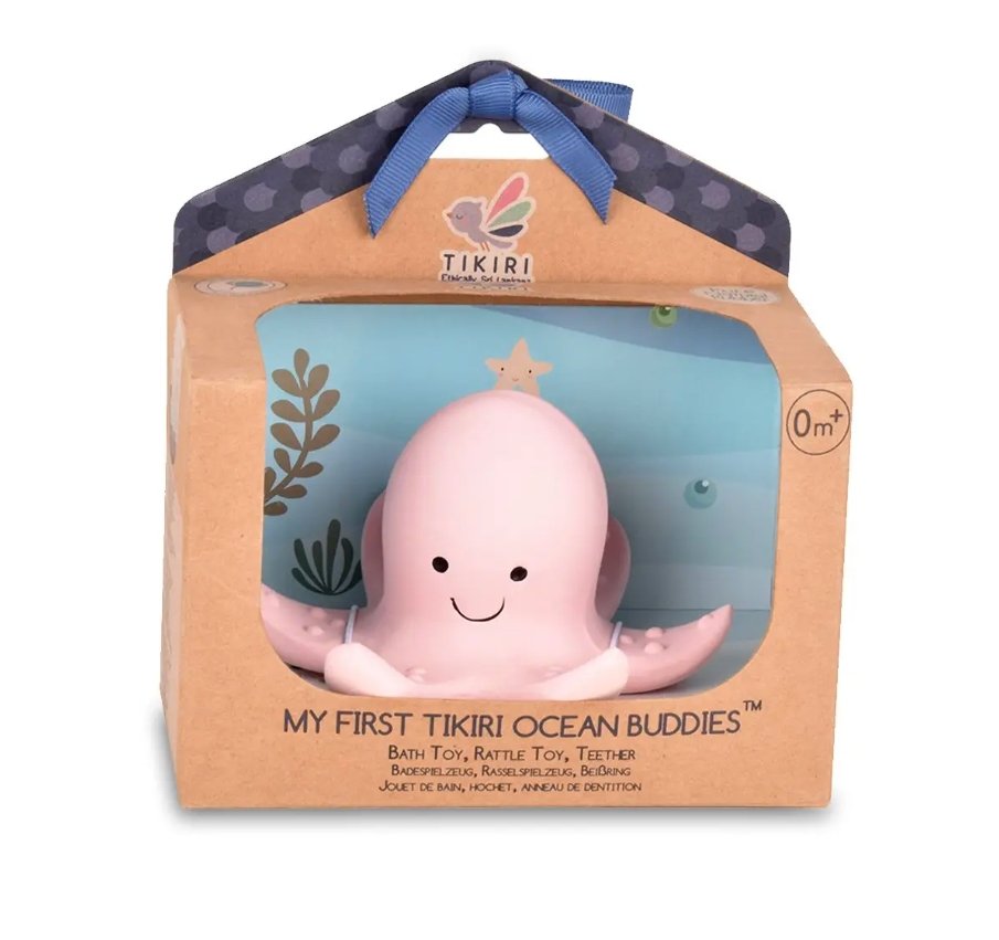 Octopus - Natural Organic Rubber Teether, Rattle & Bath Toy - Tadpole