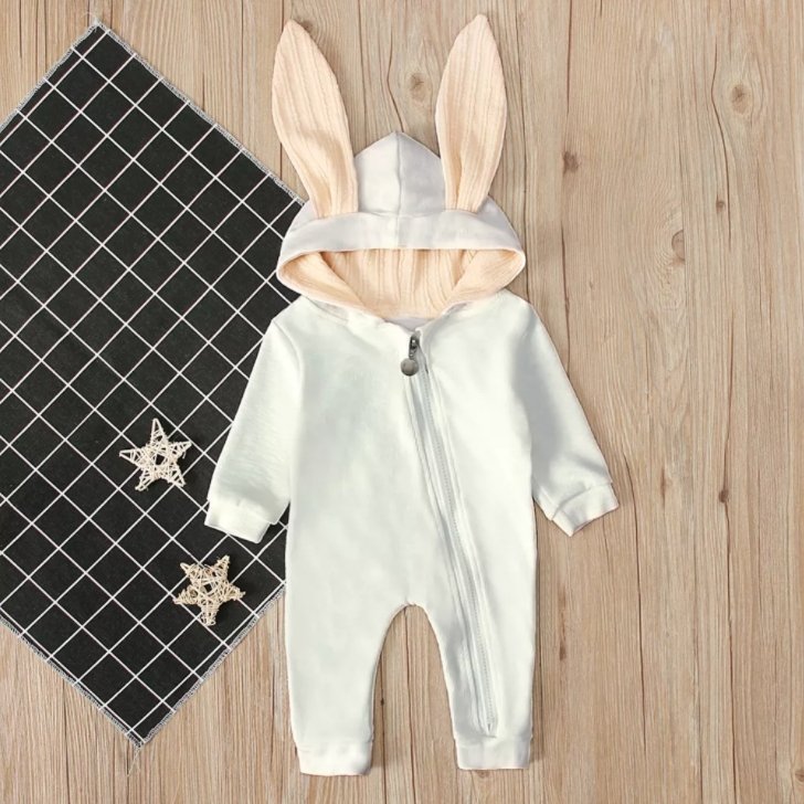 White Bunny Hooded Zipper Romper - Tadpole
